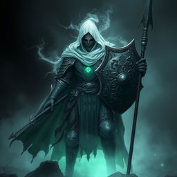 A spectral hexblood knight shrouded in ethereal mist, with a fully covered face, exuding an aura of mystery and power