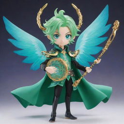 Depict Venti from Genshin Impact, in his iconic green outfit, with teal eyes sparkling with a mischievous glint, and playing his magical wind lyre, forming transparent wings at his back, all set in the enchanting world of Teyvat.