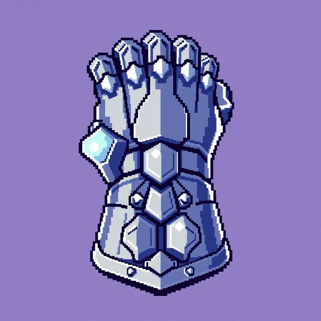 A pixel art representation of an iron gauntlet, featuring intricate details in a colorful pixelated style