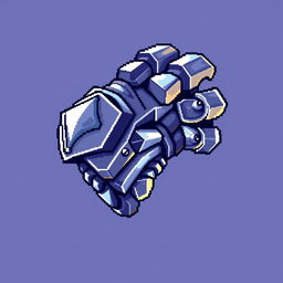 A pixel art representation of an iron gauntlet, featuring intricate details in a colorful pixelated style