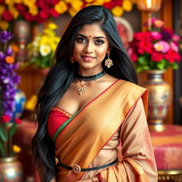 A beautiful Tamil woman with an alluring expression, featuring medium-sized breasts, dressed in a stylish traditional outfit that accentuates her curves