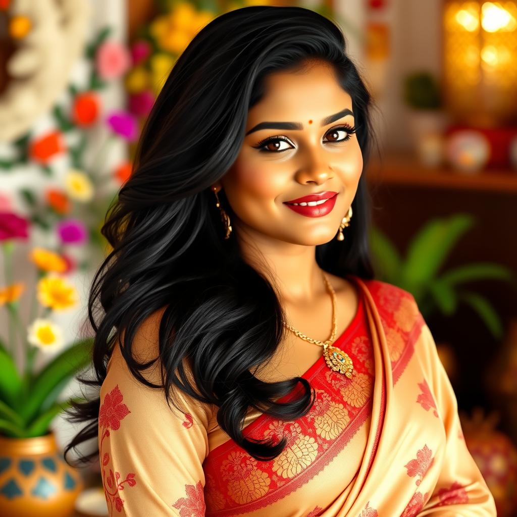 A beautiful Tamil woman with an alluring expression, featuring medium-sized breasts, dressed in a stylish traditional outfit that accentuates her curves