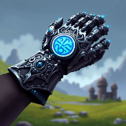 A detailed pixel art depiction of an iron gauntlet, showcasing its intricate design with metallic textures and pixelation effects