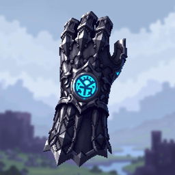 A detailed pixel art depiction of an iron gauntlet, showcasing its intricate design with metallic textures and pixelation effects