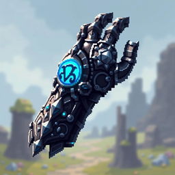 A detailed pixel art depiction of an iron gauntlet, showcasing its intricate design with metallic textures and pixelation effects