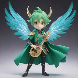 Depict Venti from Genshin Impact, in his iconic green outfit, with teal eyes sparkling with a mischievous glint, and playing his magical wind lyre, forming transparent wings at his back, all set in the enchanting world of Teyvat.