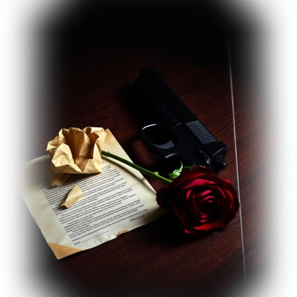 A dark and moody book cover featuring a sleek black pistol resting on a wooden table