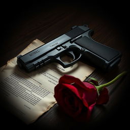 A dark and moody book cover featuring a sleek black pistol resting on a wooden table