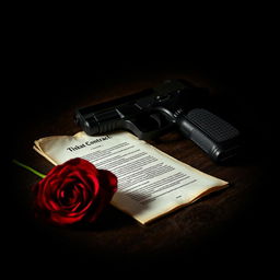 A dark and moody book cover featuring a sleek black pistol resting on a wooden table