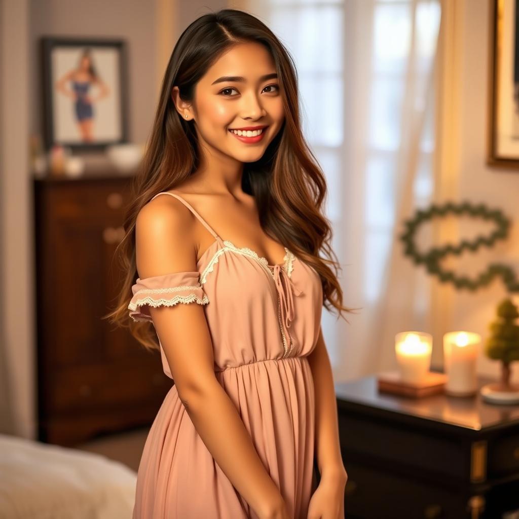 A cute young woman wearing a stylish night dress that beautifully complements her figure