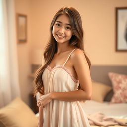 A cute young woman wearing a stylish night dress that beautifully complements her figure