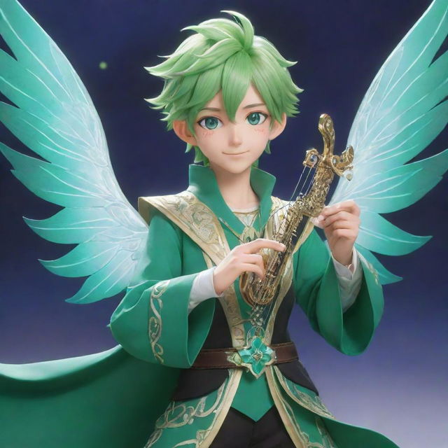 Depict Venti from Genshin Impact, in his iconic green outfit, with teal eyes sparkling with a mischievous glint, and playing his magical wind lyre, forming transparent wings at his back, all set in the enchanting world of Teyvat.