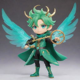 Depict Venti from Genshin Impact, in his iconic green outfit, with teal eyes sparkling with a mischievous glint, and playing his magical wind lyre, forming transparent wings at his back, all set in the enchanting world of Teyvat.