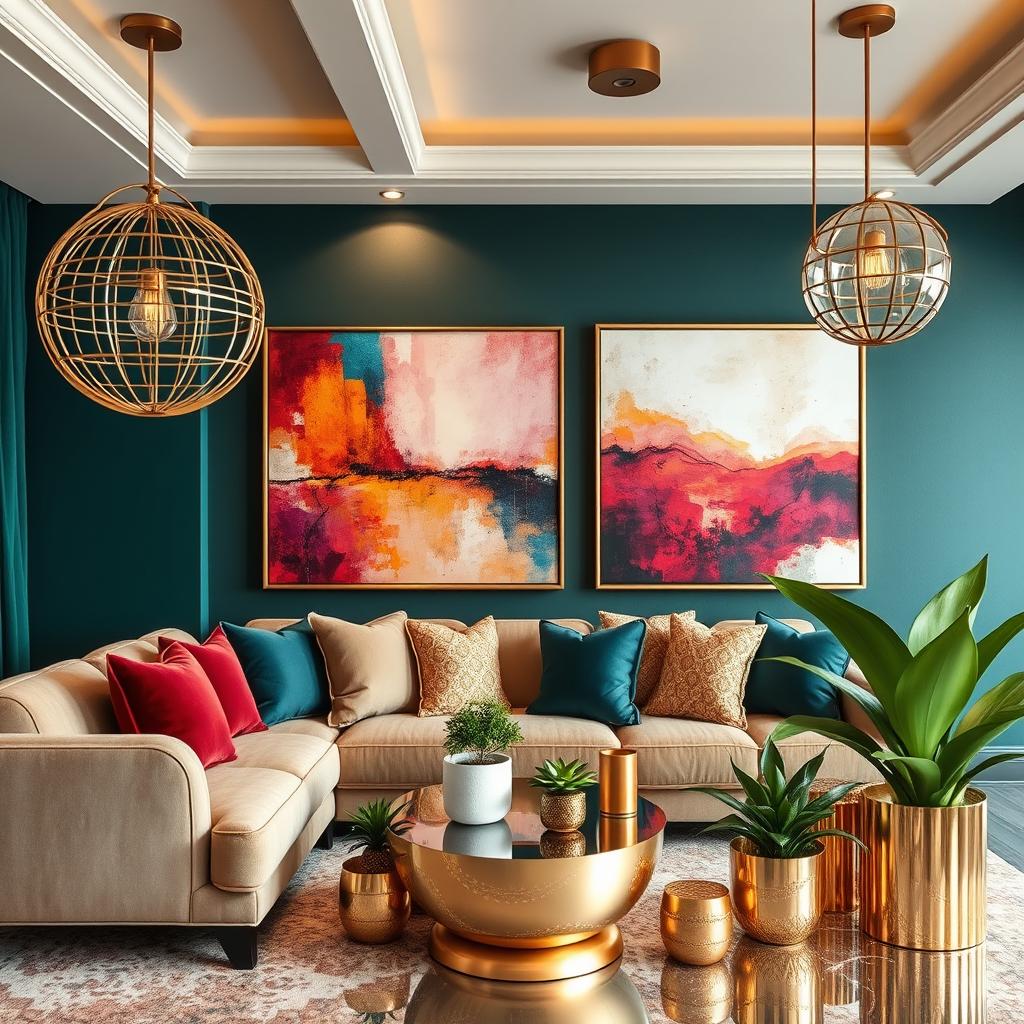 A luxurious interior design moodboard featuring a harmonious blend of abstract art and bold jewel tones, showcasing rich fabrics and elegant gold accents