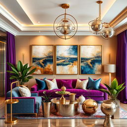 A luxurious interior design moodboard featuring a harmonious blend of abstract art and bold jewel tones, showcasing rich fabrics and elegant gold accents