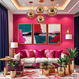 A luxurious interior design moodboard featuring a harmonious blend of abstract art and bold jewel tones, showcasing rich fabrics and elegant gold accents