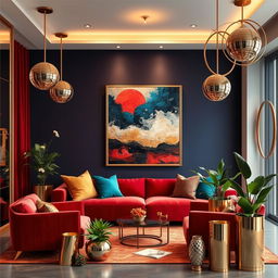 A luxurious interior design moodboard featuring a harmonious blend of abstract art and bold jewel tones, showcasing rich fabrics and elegant gold accents