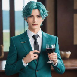 Venti from Genshin Impact, styled in a sharp, tailored suit. His teal eyes hold a playful shine as he confidently presents himself, carrying in his hand a glass of the finest Mondstadt wine instead of his usual lyre.