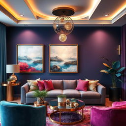 A moodboard for interior design that incorporates abstract art, bold jewel tones, rich fabrics, and gold accents