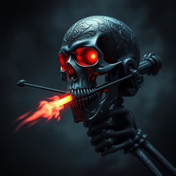 A dark, menacing skull designed as an evil hand crossbow, elaborately detailed with sinister engravings and glowing red eyes