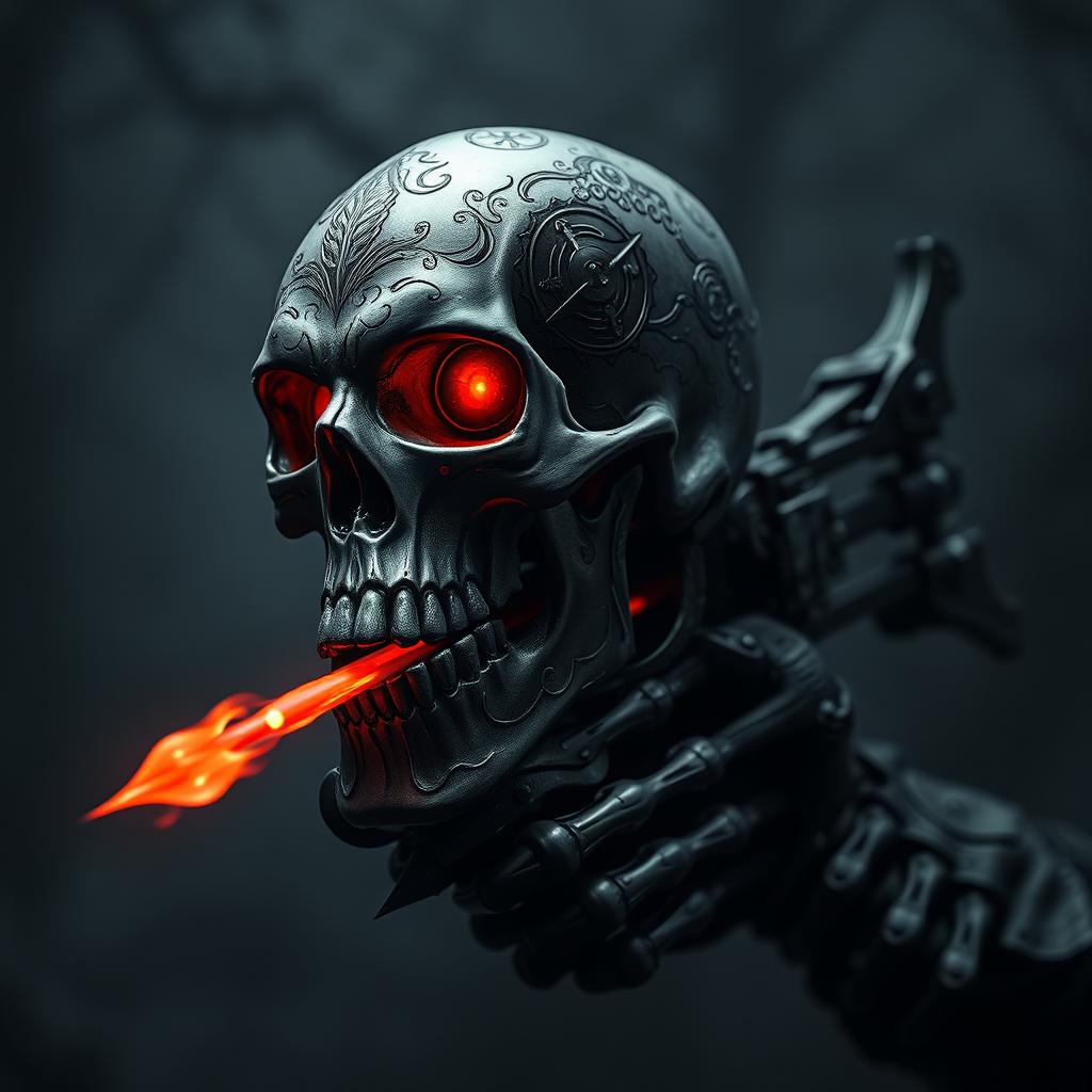 A dark, menacing skull designed as an evil hand crossbow, elaborately detailed with sinister engravings and glowing red eyes