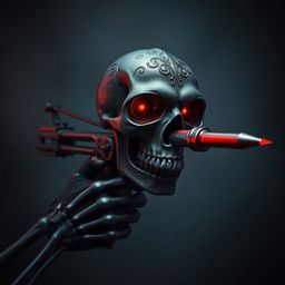 A dark, menacing skull designed as an evil hand crossbow, elaborately detailed with sinister engravings and glowing red eyes