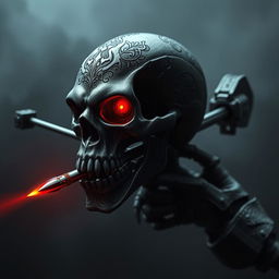 A dark, menacing skull designed as an evil hand crossbow, elaborately detailed with sinister engravings and glowing red eyes