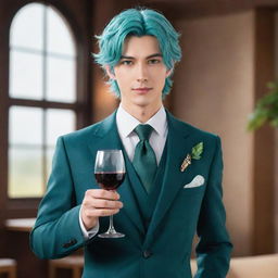 Venti from Genshin Impact, styled in a sharp, tailored suit. His teal eyes hold a playful shine as he confidently presents himself, carrying in his hand a glass of the finest Mondstadt wine instead of his usual lyre.