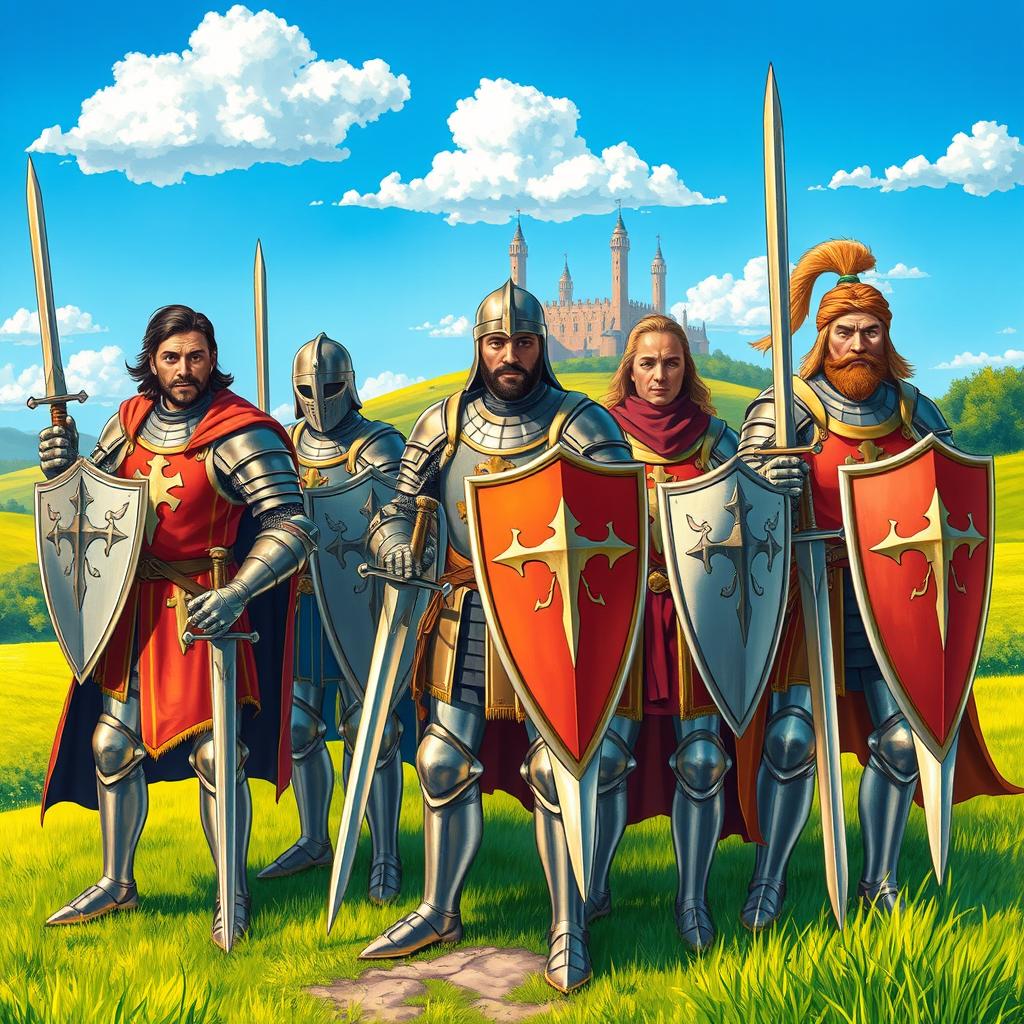 A detailed illustration of knights in full armor, standing proud with swords and shields