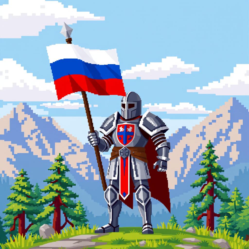 A proud knight standing tall, holding a flag of Russia, depicted in a pixelated art style