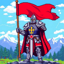 A proud knight standing tall, holding a flag of Russia, depicted in a pixelated art style