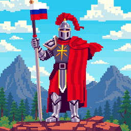 A proud knight standing tall, holding a flag of Russia, depicted in a pixelated art style