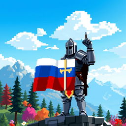 A proud knight standing tall, holding a flag of Russia, depicted in a pixelated art style