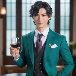 Venti from Genshin Impact, styled in a sharp, tailored suit. His teal eyes hold a playful shine as he confidently presents himself, carrying in his hand a glass of the finest Mondstadt wine instead of his usual lyre.