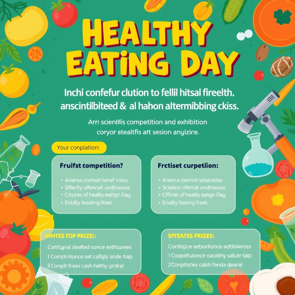 A vibrant and engaging poster for a scientific competition and exhibition in honor of Healthy Eating Day