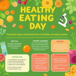 A vibrant and engaging poster for a scientific competition and exhibition in honor of Healthy Eating Day