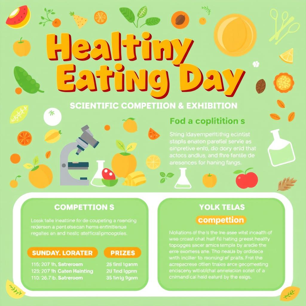 A vibrant and engaging poster for a scientific competition and exhibition in honor of Healthy Eating Day