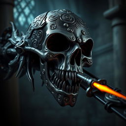 A dark and ominous skull designed as a medieval evil hand crossbow, featuring intricate carvings and a sinister expression