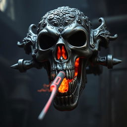 A dark and ominous skull designed as a medieval evil hand crossbow, featuring intricate carvings and a sinister expression