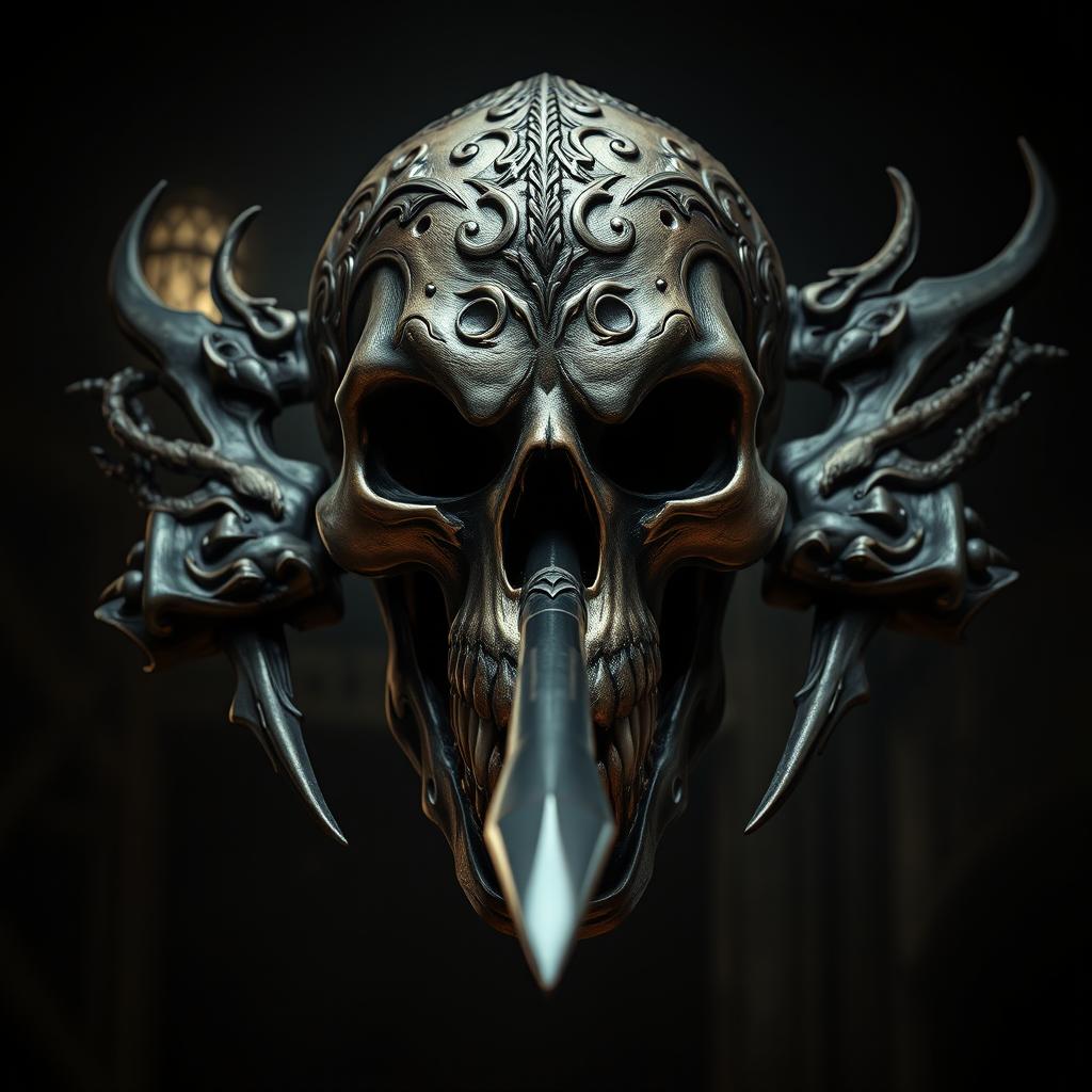 A dark and ominous skull designed as a medieval evil hand crossbow, featuring intricate carvings and a sinister expression