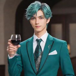 Venti from Genshin Impact, styled in a sharp, tailored suit. His teal eyes hold a playful shine as he confidently presents himself, carrying in his hand a glass of the finest Mondstadt wine instead of his usual lyre.