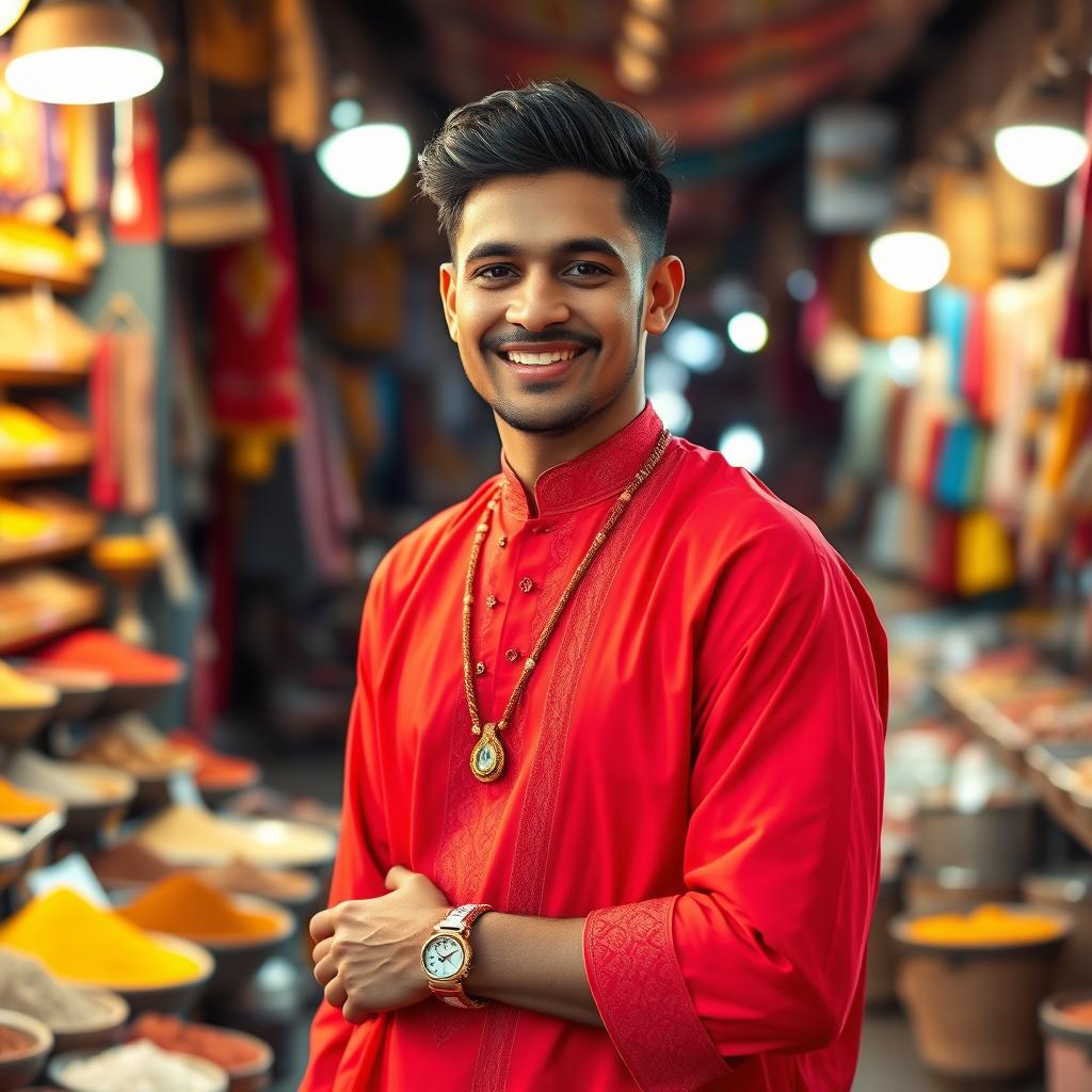 A South African Indian male wearing a bright red traditional outfit, standing confidently with a warm smile