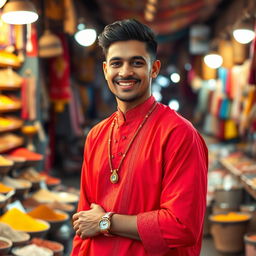 A South African Indian male wearing a bright red traditional outfit, standing confidently with a warm smile