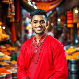 A South African Indian male wearing a bright red traditional outfit, standing confidently with a warm smile