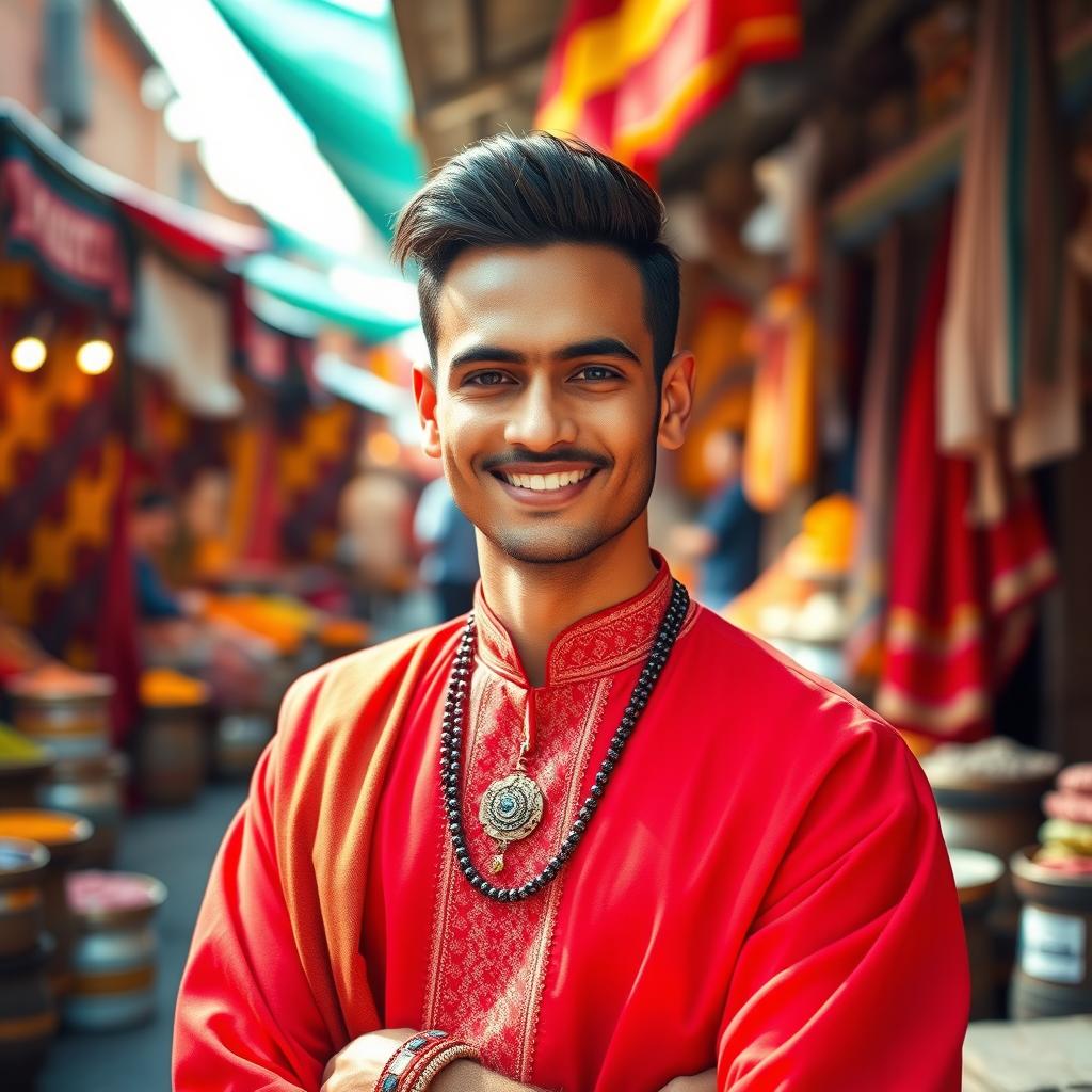 A South African Indian male wearing a bright red traditional outfit, standing confidently with a warm smile