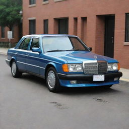 A fully restored, gleaming Mercedes Benz 190e in its prime. Its colors are vibrant, its chrome accents reflect the light, highlighting the car's elegant lines.