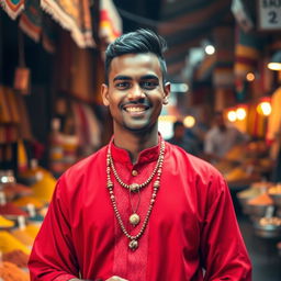 A South African Indian male wearing a bright red traditional outfit, standing confidently with a warm smile