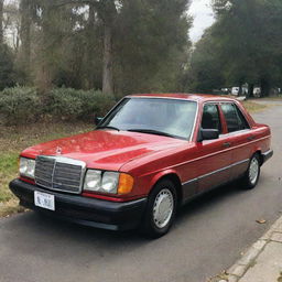 A fully restored, gleaming Mercedes Benz 190e in its prime. Its colors are vibrant, its chrome accents reflect the light, highlighting the car's elegant lines.