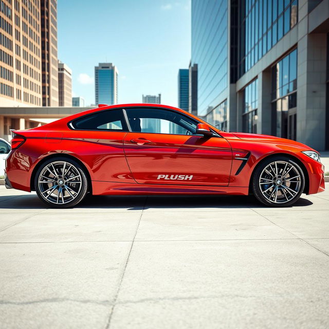 A striking red BMW sports car parked in a modern urban setting