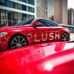 A striking red BMW sports car parked in a modern urban setting